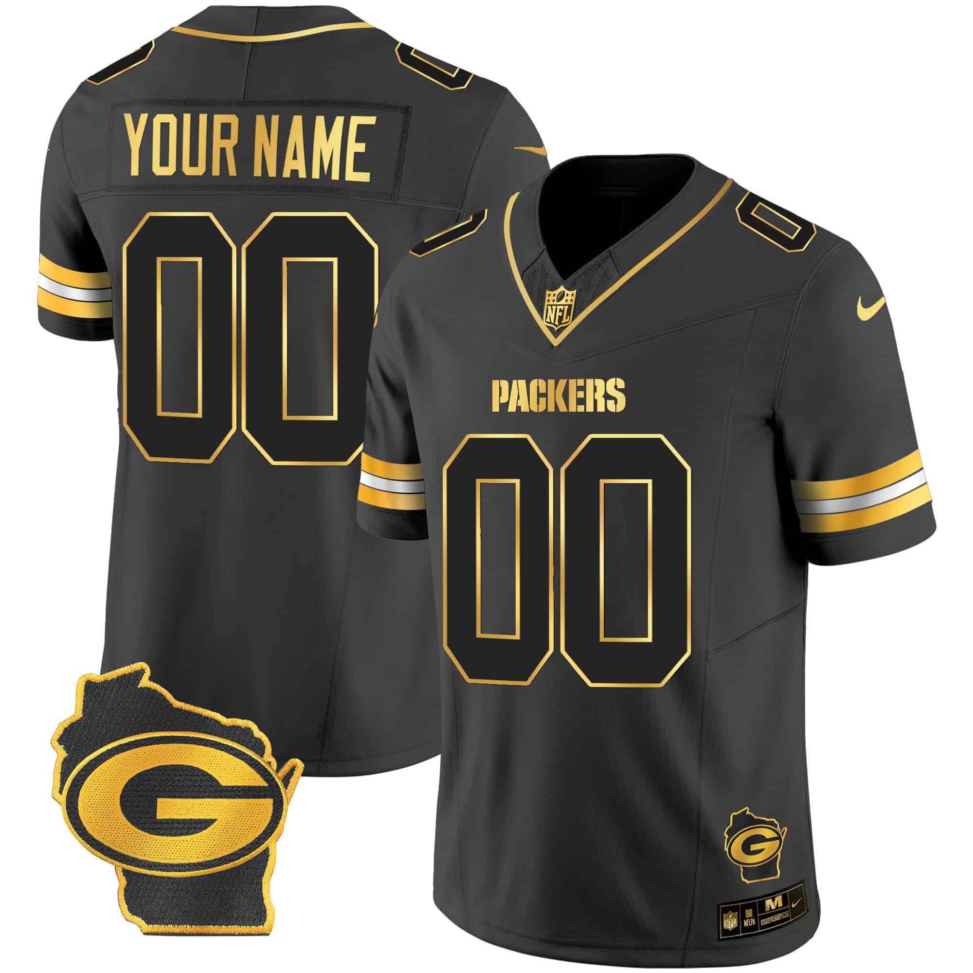 Men Green Bay Packers Black Gold 2024 Nike Home Patch Vapor Custom NFL Jersey style 2